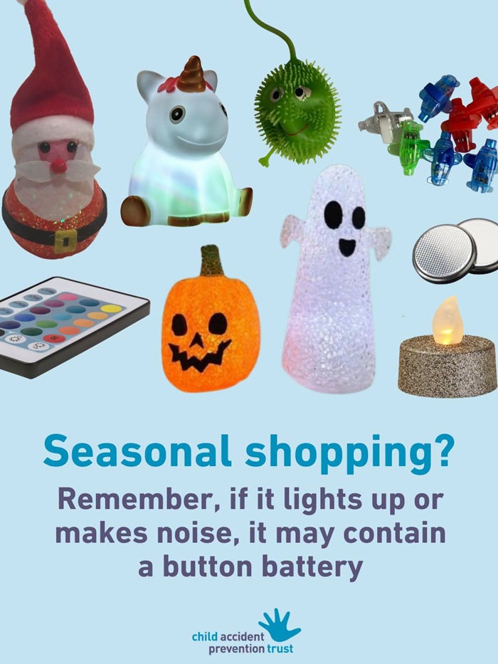 Seasonal shopping can contain button batteries